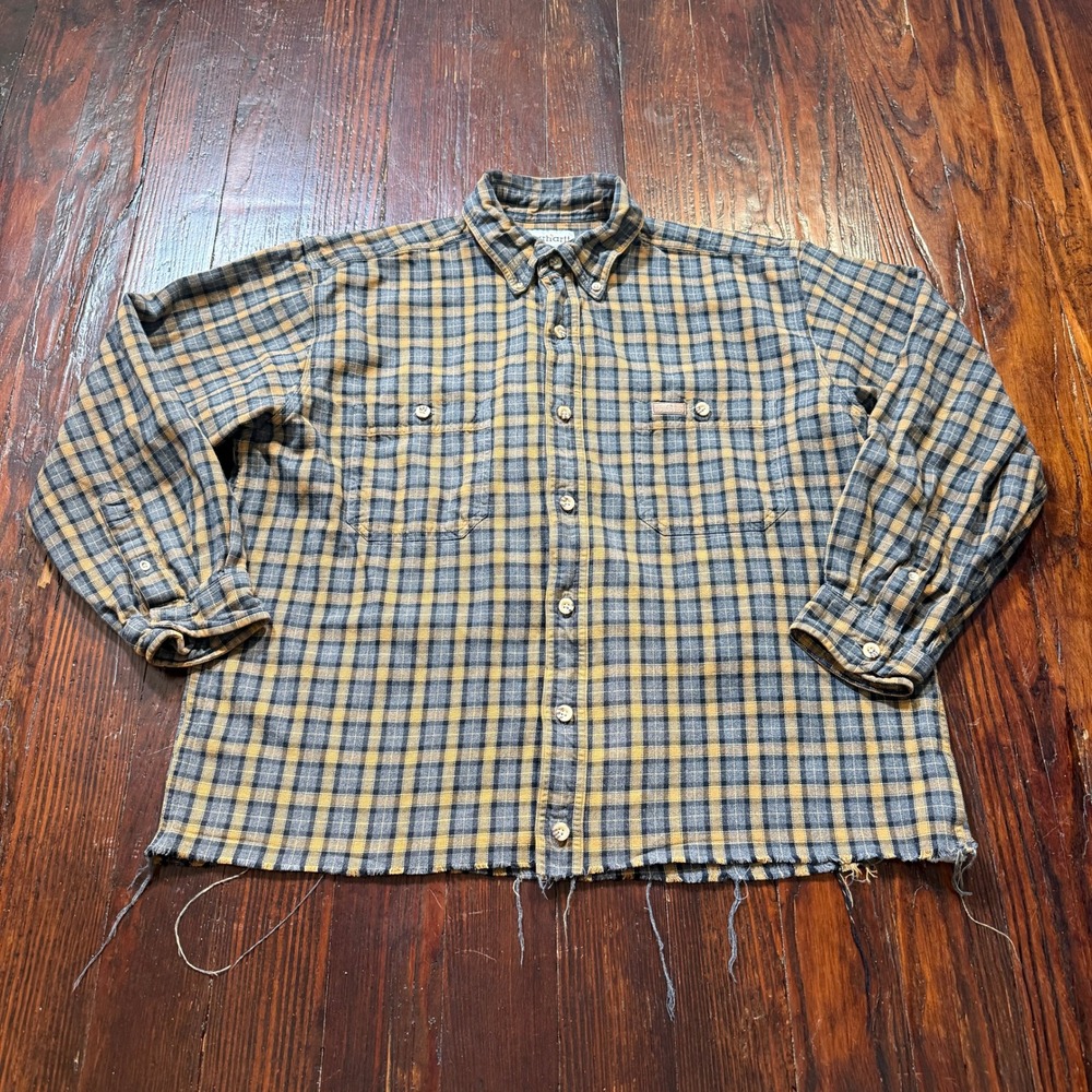Carhartt Flannel Shirt Womens L Brown Gray Plaid Raw Hem Distressed Grunge Boxxy